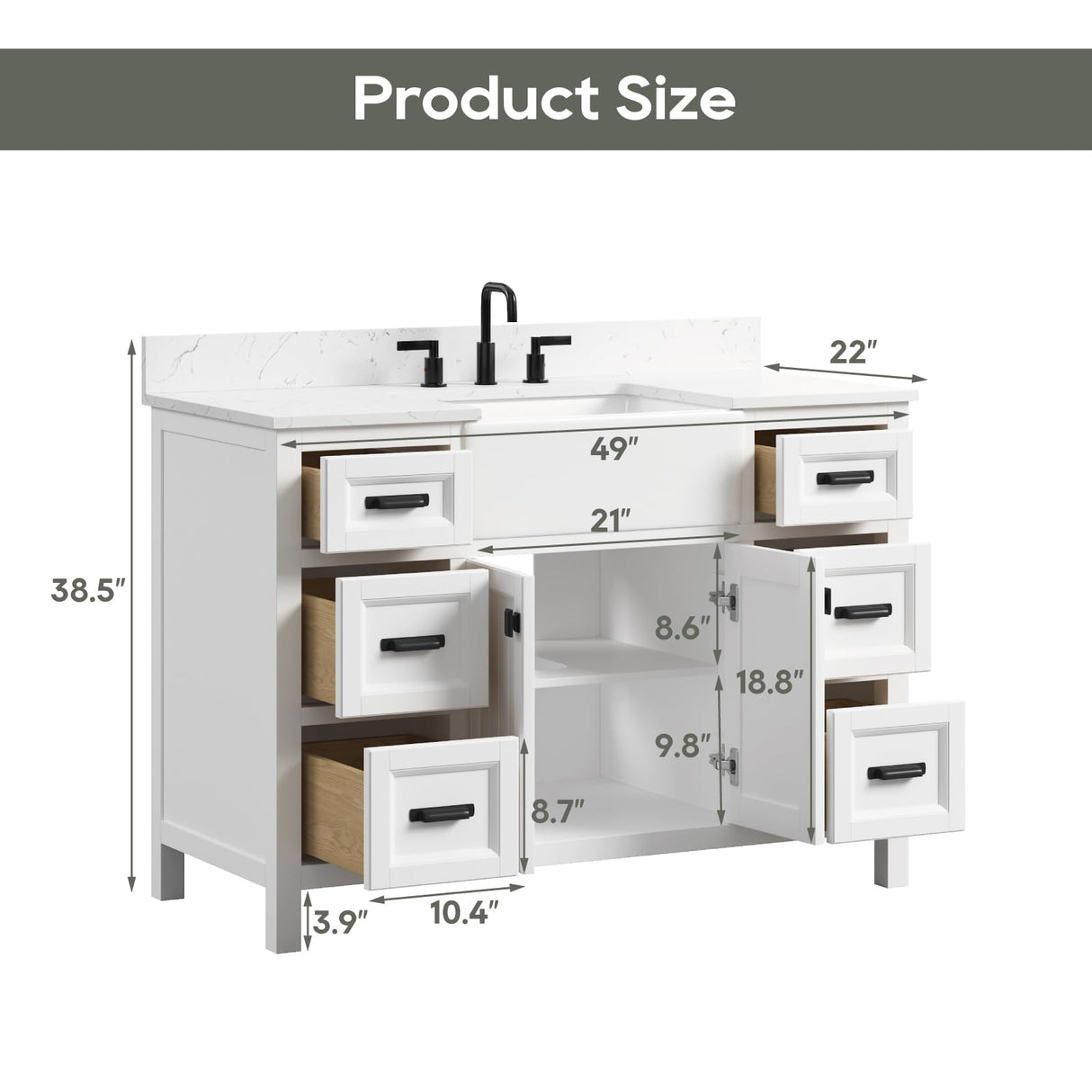 DELUXE LIVING 48 Inch Bathroom Vanity with Sink, Single Sink Bathroom Vanity, Solid Wooden Frame Bathroom Sink Cabinet with Soft Closing Doors & Drawers, Adjustable Feet, Apron Farm Sink, White DELUXE LIVING