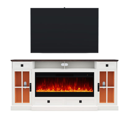 YUMPIE Farmhouse Fireplace TV Stand for TVs up to 80", 70 Inch Large TV Stand with Lighting Glass Door Cabinets/Drawers/Adjustable Shelves, Entertainment Center with 43" Electric Fireplace, White