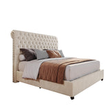 PaPaJet King Bed Frame Upholstered Platform Bed Frame with 52.8'' Tall Sleigh Headboard, Button Tufted, No Box Spring Needed, Easy Assembly, Cream PaPaJet