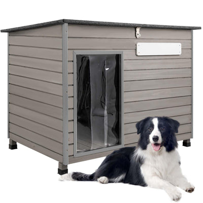 PetsCosset 43.3" L Dog House Outdoor for Large Breeds Dogs Anti Chewing Iron Frames Dog Kennel Wooden Pet Houses for Indoor Outdoor with Weatherproof Roof,6 Elevated Feet, Reinforced Bottom Support