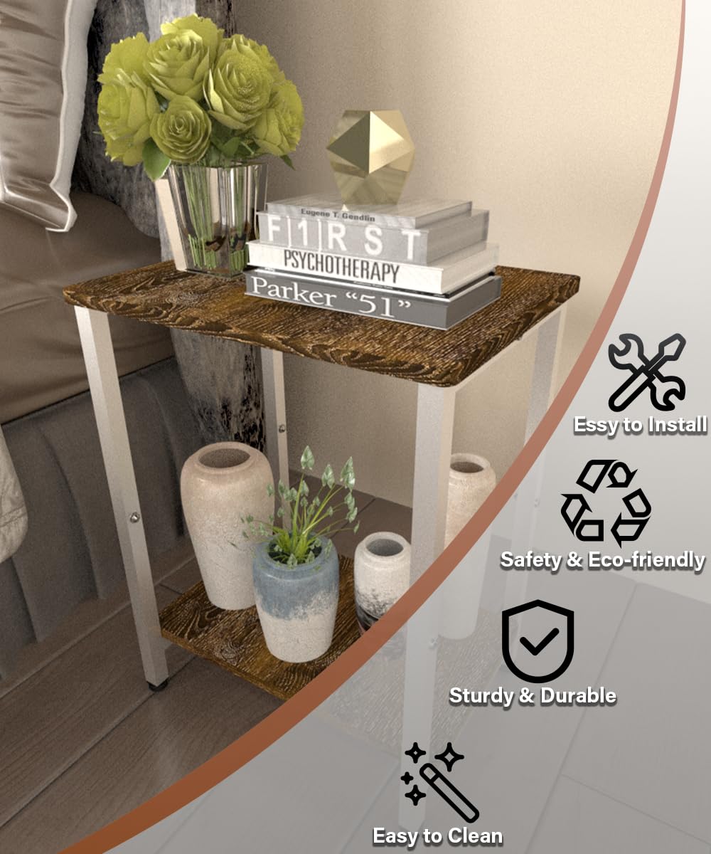 Tigerden 2 Tier Side Table, Heavy Duty End Table with Shelves, Narrow nightstand Table for Small Spaces, Record Player Table for Bedroom, Living Room, Sofa Couch - Rustic Brown & White Tigerden