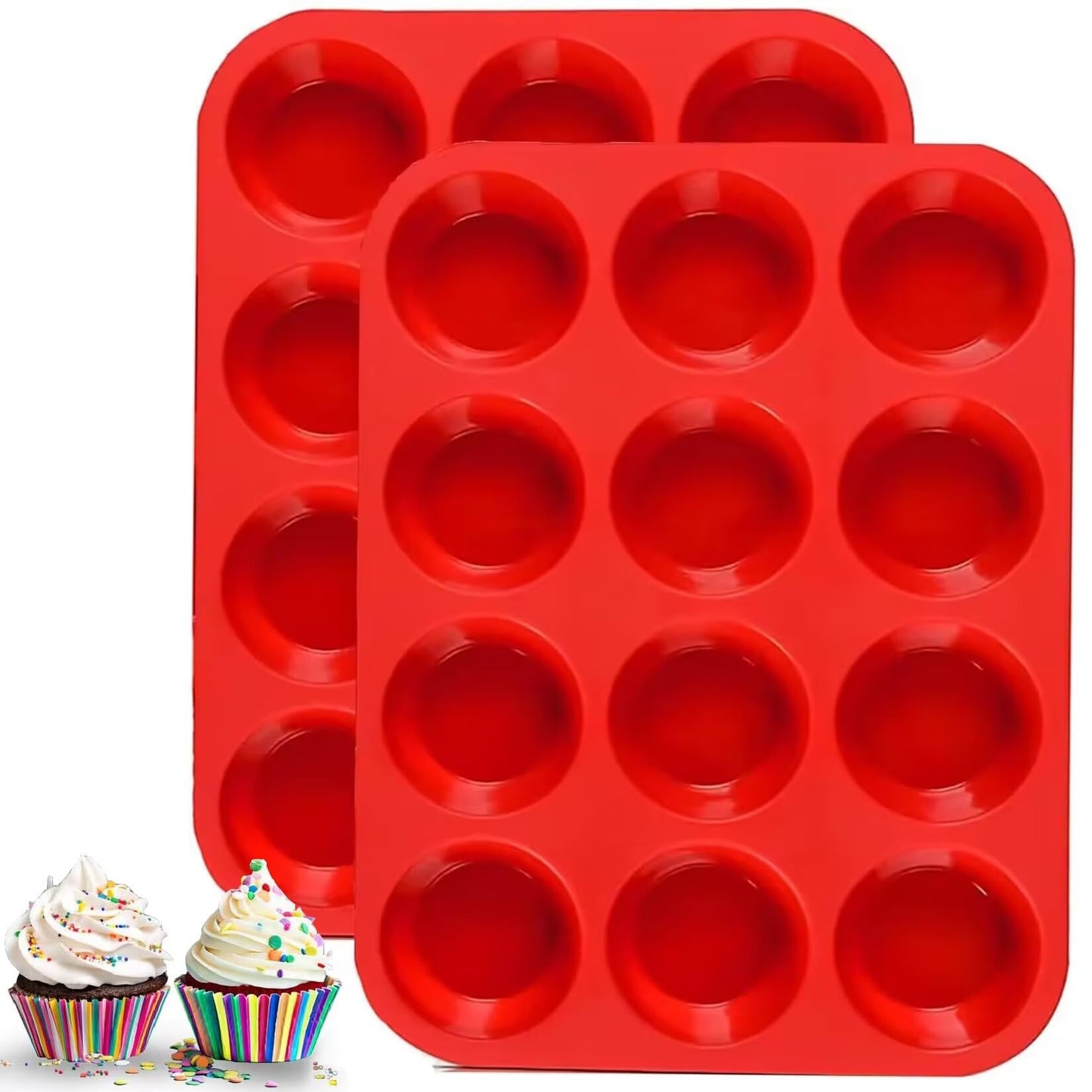 YJWYDM 12 Cups Silicone Muffin Pan, 2 Pack Non-Stick Cupcake Pans Silicone Muffin Tray Baking Pan for Making Muffin Cakes, Cupcake, Bread, Tart, Egg Bites