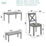 Trygoal 6-Piece Dining Table Set for 4-6 People, Kitchen Set with 4 Upholstered Chairs and One Bench, Living Room Chairs with X-Shape Backrest, Rectangular Wooden Table for Home Bar and Kitchen, Gray Trygoal