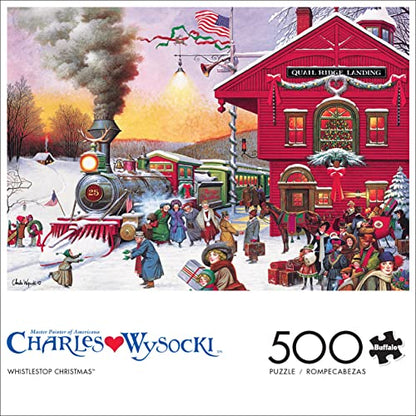 Buffalo Games - Charles Wysocki - Whistle Stop Christmas - 500 Piece Jigsaw Puzzle Red, Violet, Green, 21.25"L X 15"W