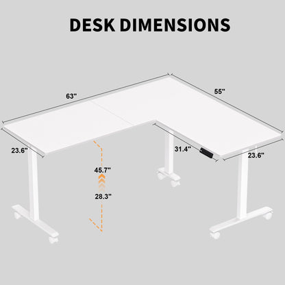 TIQLAB 63x55 Inch Standing Desk L Shaped, Adjustable Height Desk Electric Stand Up Desk, Corner Standing Desk with Casters, Sit Stand Desk with Splice Board, White