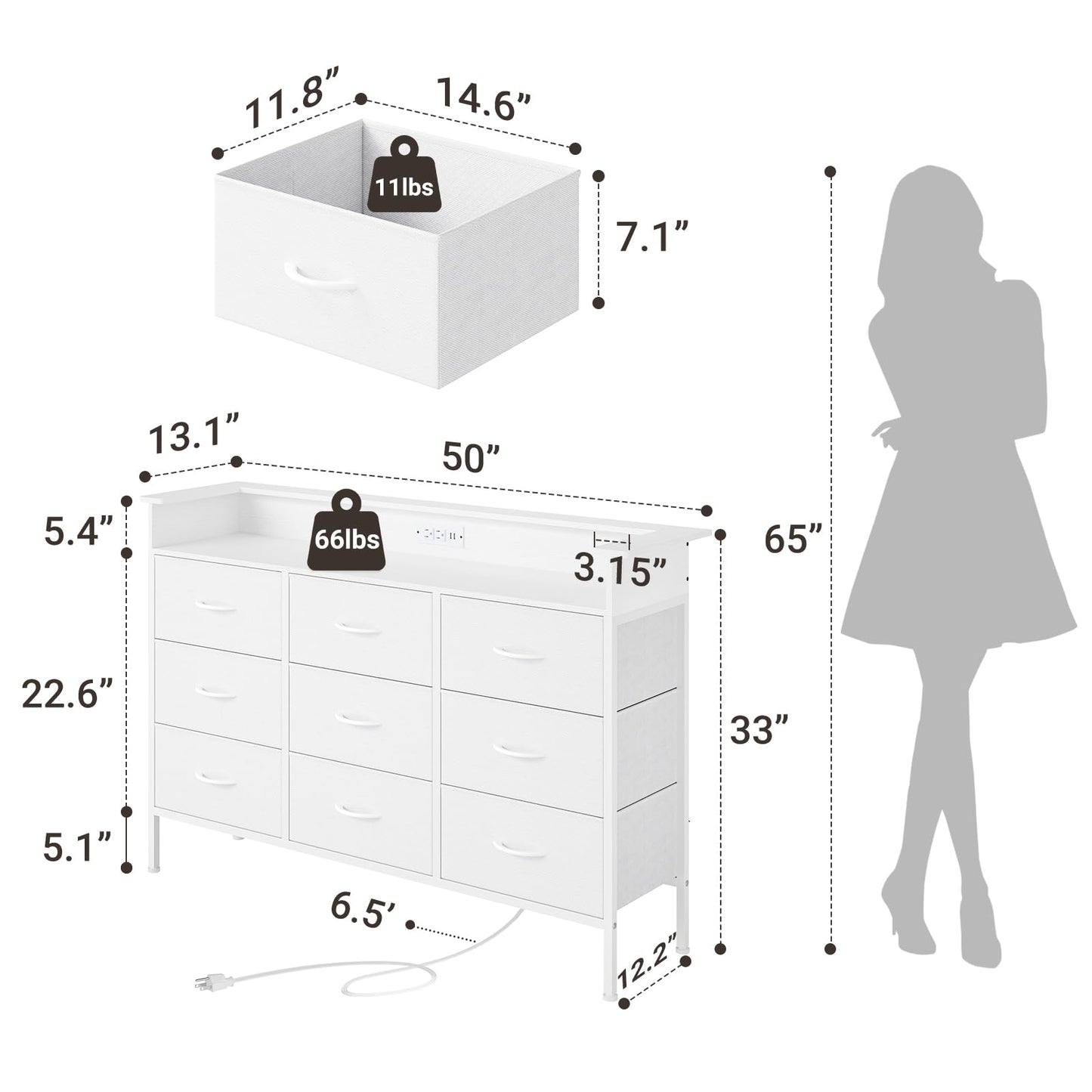 ELYKEN White Dresser with LED Light for Bedroom, Dresser with 9 Drawers and Charging Station, Fabric Chest of Drawers with PU Finish Storage Drawers for Entryway Closet Living Room Hallway Guest Room