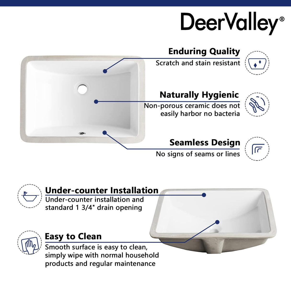 DeerValley DV-1U101 Ally Undermount Bathroom Sink Rectangular, 21'' x 15'' Vessel Sink Rectrangle Undermount Bathroom Sink White Ceramic Lavatory Vanity Vessel Sink with Overflow Deer Valley