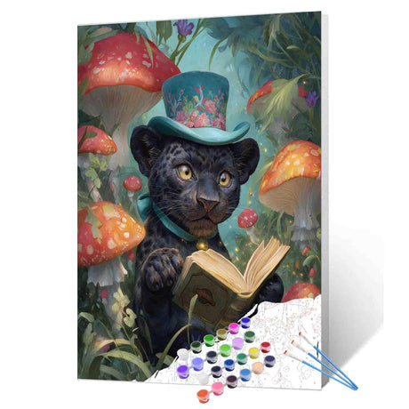 Panther Reading Book DIY Paint by Numbers for Adults Mushrooms Forest Paint by Number Kit on Canvas with Brushes and Pigment for Beginners Animal Home Wall Decor Gifts 16"x20" (Frameless) Aihonmin