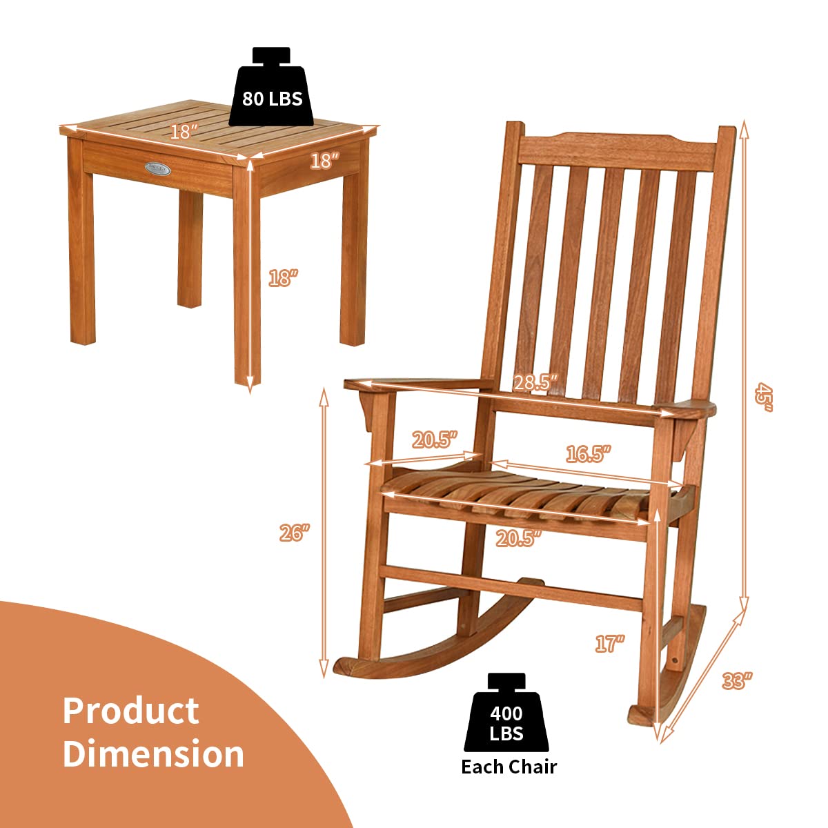 Tangkula 3 Piece Patio Rocking Bistro Set, Patiojoy Eucalyptus Wood Conversation Set with 2 Rockers and 1 Coffee Table, Outdoor Rocking Chair Set with Coffee Table for Porch, Patio and Backyard Tangkula