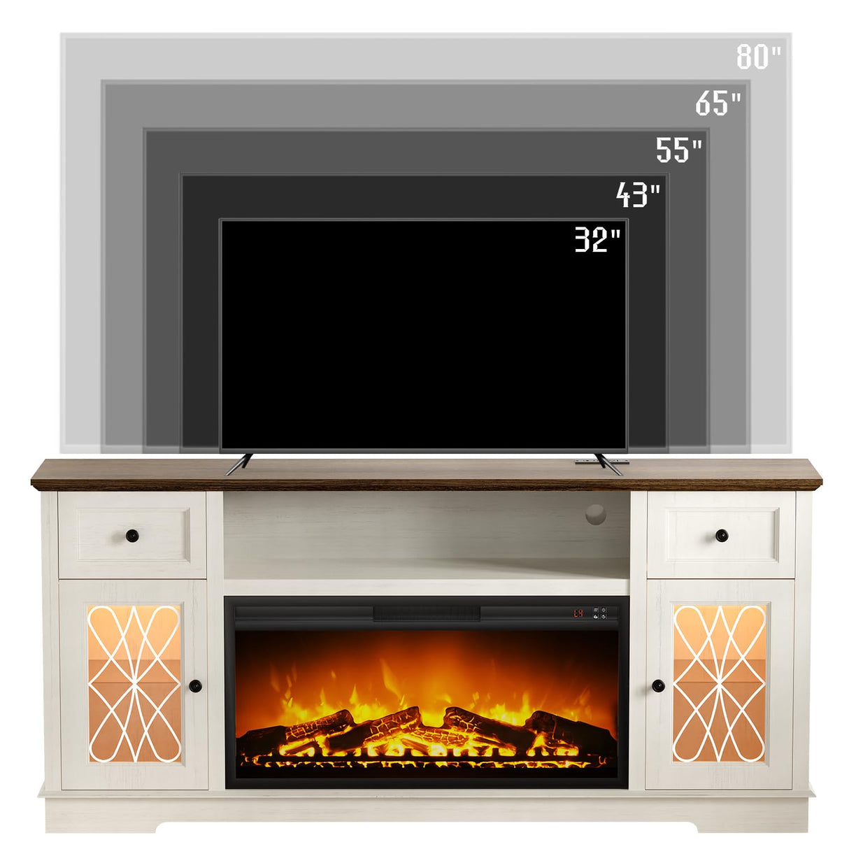 Fireplace TV Stand with Charger Station, Farmhouse Entertainment Center with 36" Electric Fireplace and Led Lights, for 80 Inch TV, Fire Place TV Stands for Living Room with Glass Door Closed Storage Sunny Heart