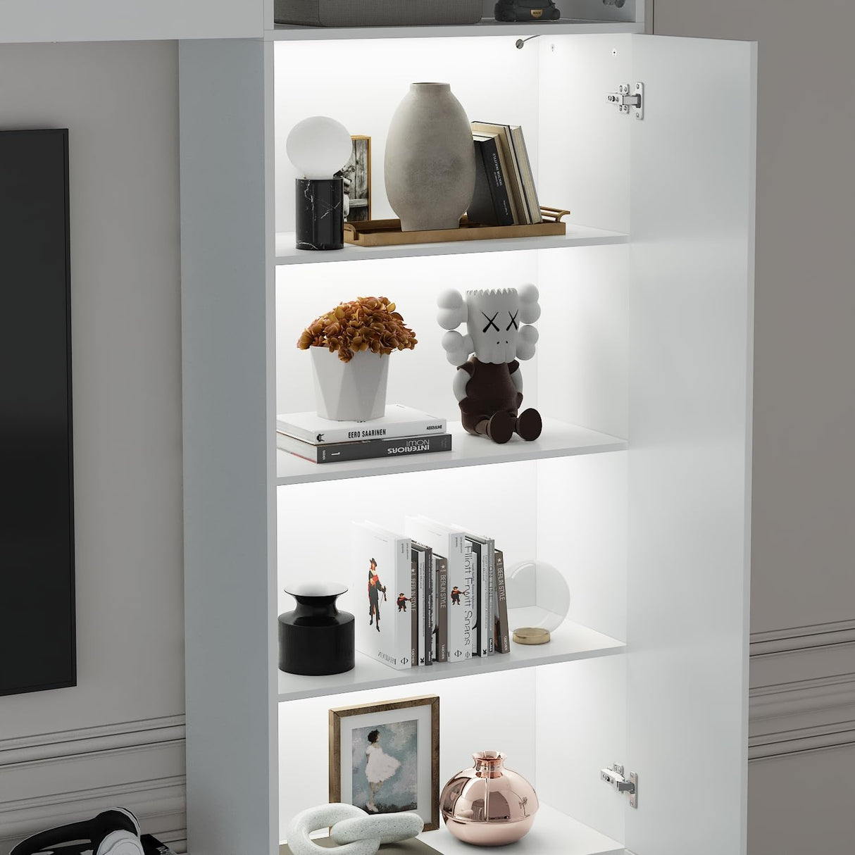 ROMSHINE Large Entertainment Center with Storage, 114" W Wall Unit TV Stand with Bookshelves & Light in White Color, Modern Media Center Cabinet with Bridge, for Living Room Bedroom, White ROMSHINE