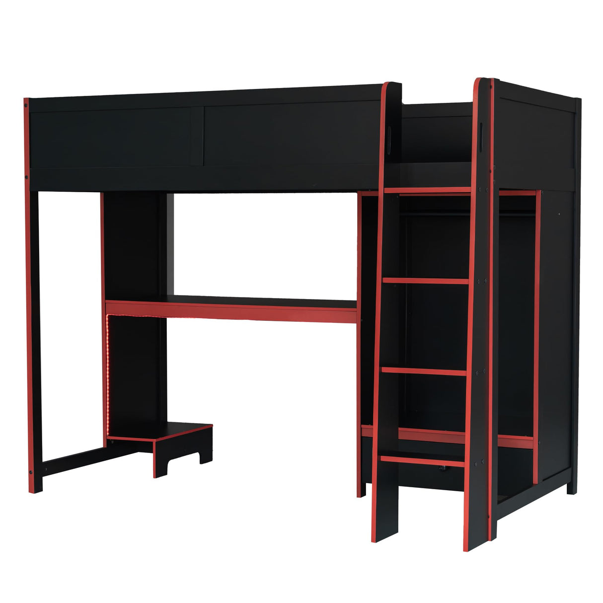 SOFTSEA Twin Gaming Loft Bed with Desk & Lights, Wood Loft Bed with Storage Wardrobe and Drawer, Loft Beds with Desk for Kids Teens Adults, Black + Red SOFTSEA
