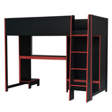 SOFTSEA Twin Gaming Loft Bed with Desk & Lights, Wood Loft Bed with Storage Wardrobe and Drawer, Loft Beds with Desk for Kids Teens Adults, Black + Red SOFTSEA