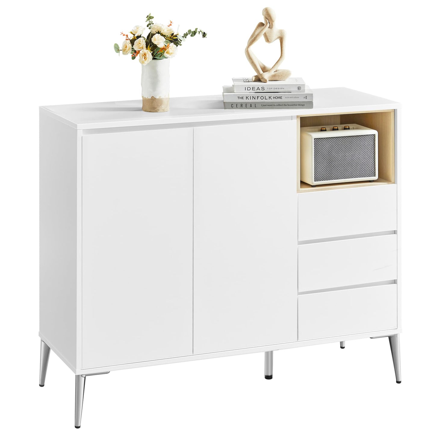 VASAGLE Sideboard, Buffet Cabinet with Doors and Height Adjustable Shelf, 3 Drawers, Open Compartment, Modern, 15.7 x 40.7 x 33.5 Inches, for Living Room, Kitchen, Study, Cloud White UBBK273W11