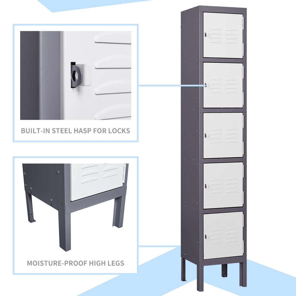 MIIIKO Metal Locker for Employees, 5 Tier Storage Shelves Cabinet, Steel Lockers with 5 Lockable Doors, for School, Home, Office, Changing Room and Gym MIIIKO