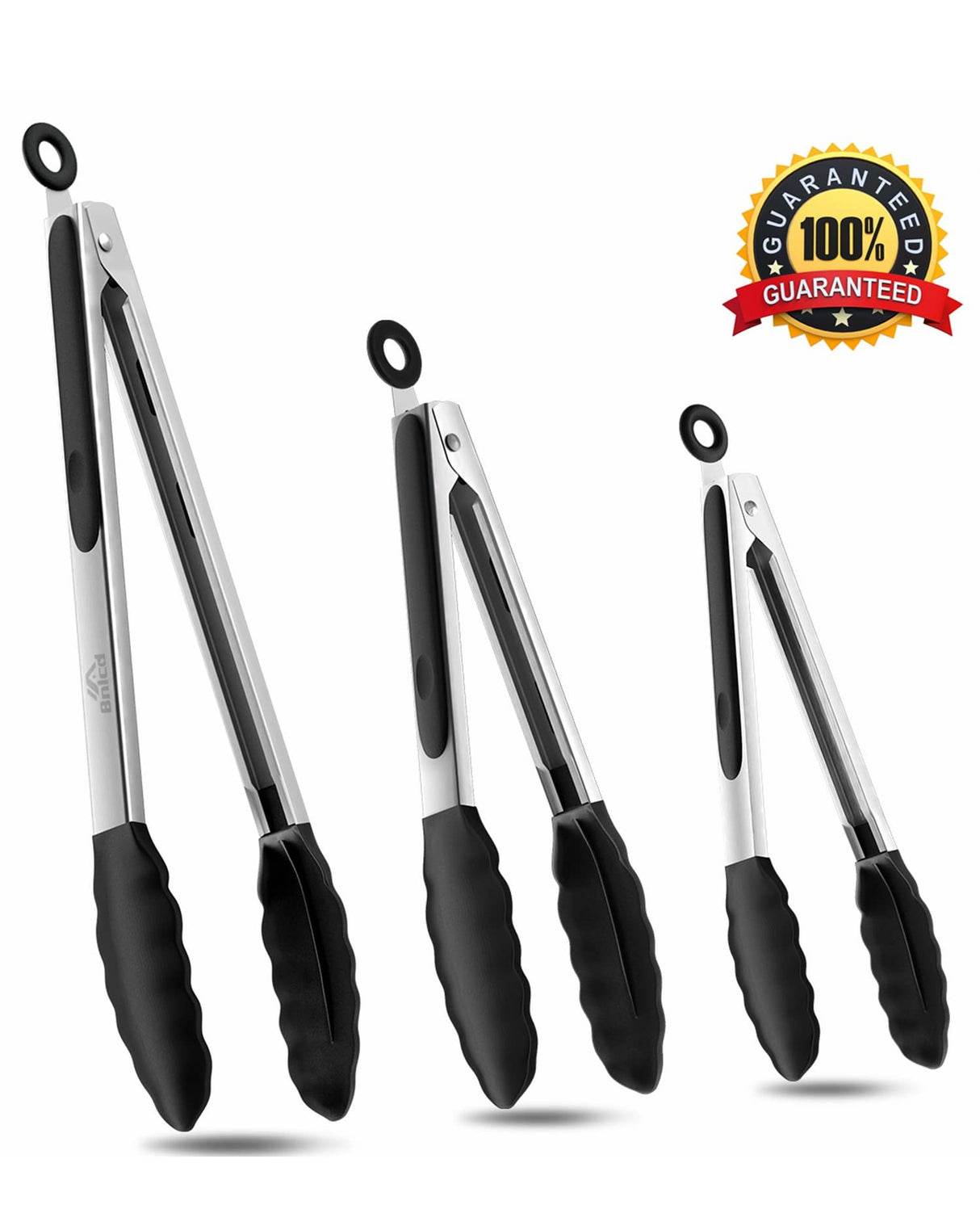 Bnlcd Kitchen Tongs, Premium Stainless Steel Locking Cooking Tongs with Silicone Tips, Non-Slip Food Tongs for Cooking, Heavy Duty, Non-Stick, 480℉, Set of 3-7" 9" and 12" Black Bnlcd
