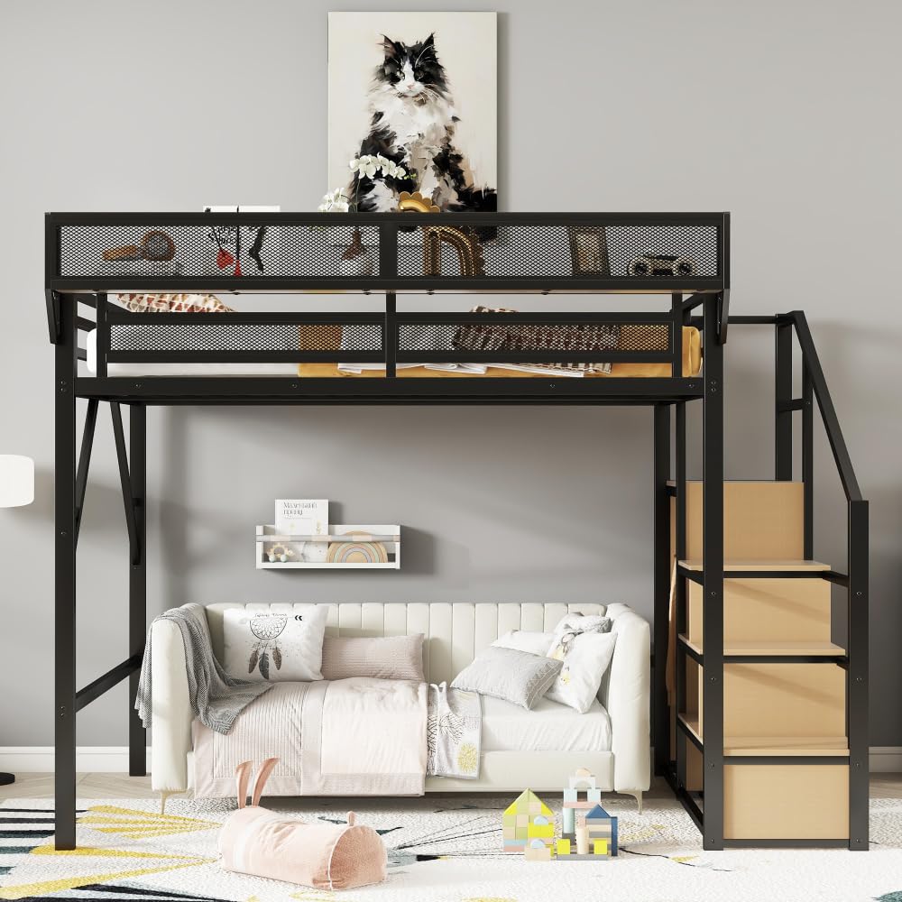 DaiNNCN Queen Size Loft Bed with Convertible Stairs and Storage Shelves, Metal Loft BedFrame with Wardrobe and Ladder for Kids,Teens,Adults, No Box Spring Needed, No Noise, Black DaiNNCN