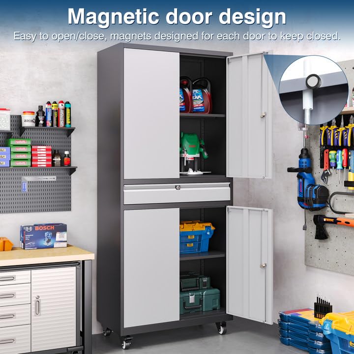 AFAIF Metal Storage Cabinet with Wheels, 73" Tall Garage Rolling Storage Cabinets with Doors and Shelves, Lockable Tool Caninet Steel Locking Cabnets for Home Office, Garage, Pantry AFAIF