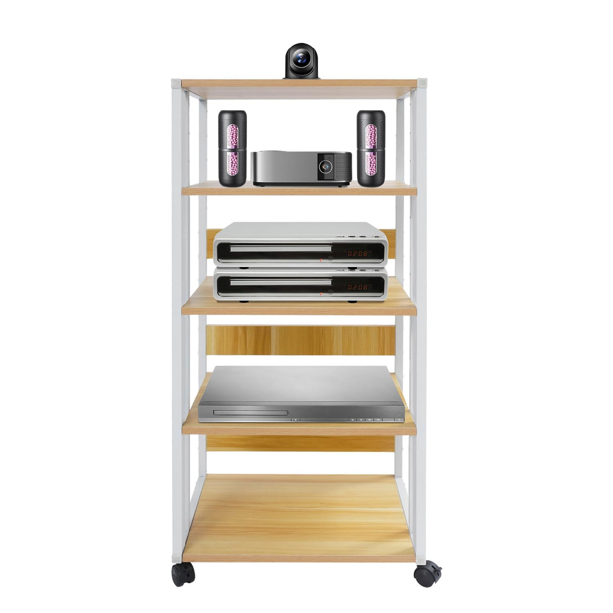 5-Tier AV Media Stand Audio Rack Tower with 4 Lockable Universal Wheels Movable Audio Media Stand with Top Corner Shelf for Record Player, Stereo Components, DVD Players(19.7*15.7*42.9in, White, Wood) VitaChicuy