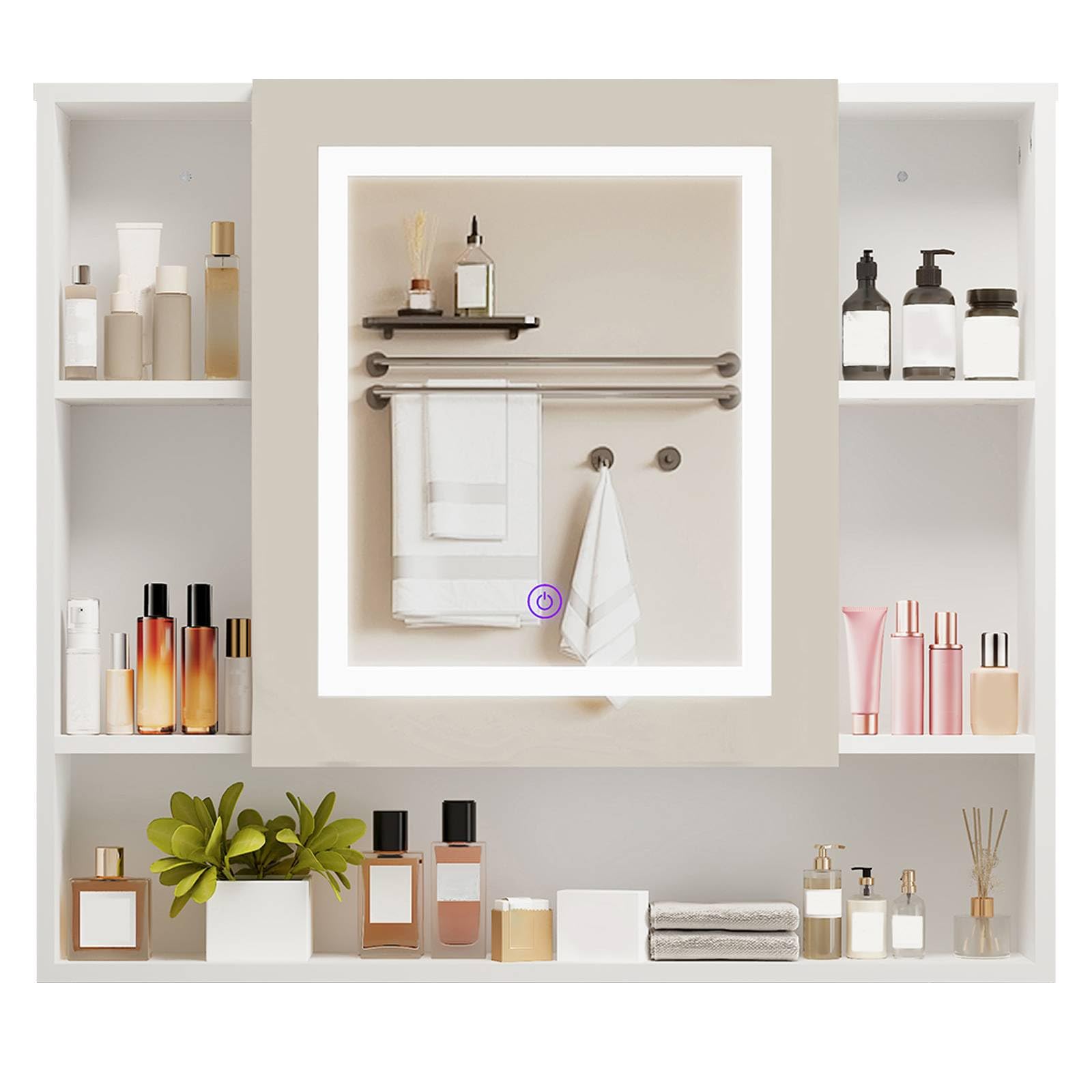 SOOWERY Medicine Cabinet Mirror with Led Light 27.5" W x 24.3" H Lighted Vanity Mirror Wall Mounted Bathroom Storage Cabinet with Single Door Surface Farmhouse Bathroom Cabinets White - WoodArtSupply