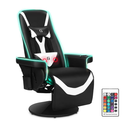 Modern-Depo Queen Throne Racing Gaming Chair, Comfortable Ergonomic Recliner, High Back Swivel Chair with RGB Lights, Footrest, Backrest, Massage Lumbar Support, Headrest and Cupholders, Black White