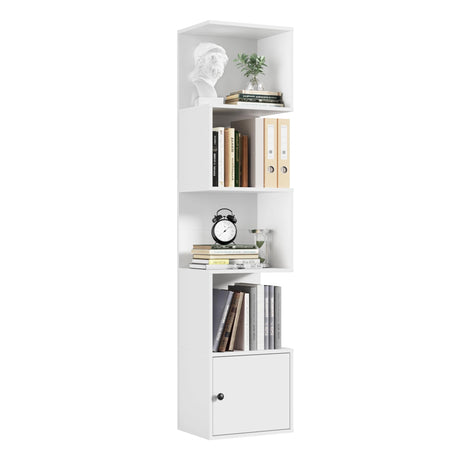 Furnify 5 Tier Bookshelf, 67" Tall S Shaped Bookcase with Door, Modern Open Book Shelf Standing Unit, Room Divider, Freestanding Wood Display Shelf for Living Room, Office, White Furnify
