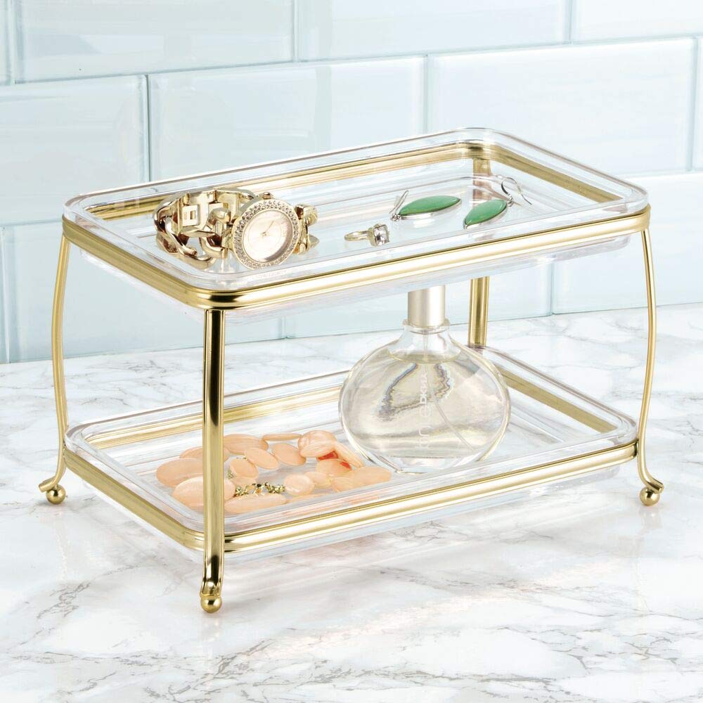 mDesign Decorative Makeup Storage Organizer Vanity Tray for Bathroom Counter Tops, 2 Levels to Hold Makeup Brushes, Eyeshadow Palettes, Lipstick, Perfume and Jewelry - Soft Brass/Clear mDesign
