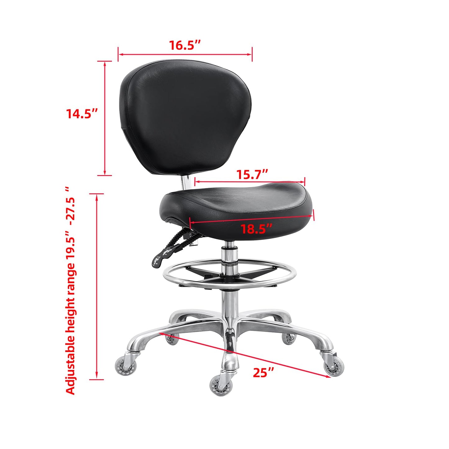 Grace&Grace Drafting Chair Adjustable Tall Shop Stool, Rolling Stool with Back Support for Studio, Classroom, Lab, Counter, Medical (Black)