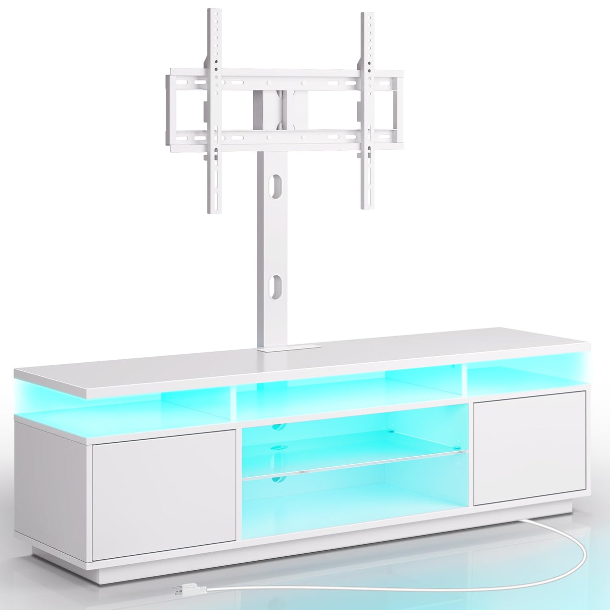 Rolanstar TV Stand with Mount and Power Outlet 51.2", Swivel TV Stand Mount for 32/45/55/60/65/70 inch TVs, Height Adjustable Modern Entertainment Center with Storage & LED Lights, TV Table White Rolanstar