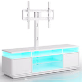 Rolanstar TV Stand with Mount and Power Outlet 51.2", Swivel TV Stand Mount for 32/45/55/60/65/70 inch TVs, Height Adjustable Modern Entertainment Center with Storage & LED Lights, TV Table White Rolanstar