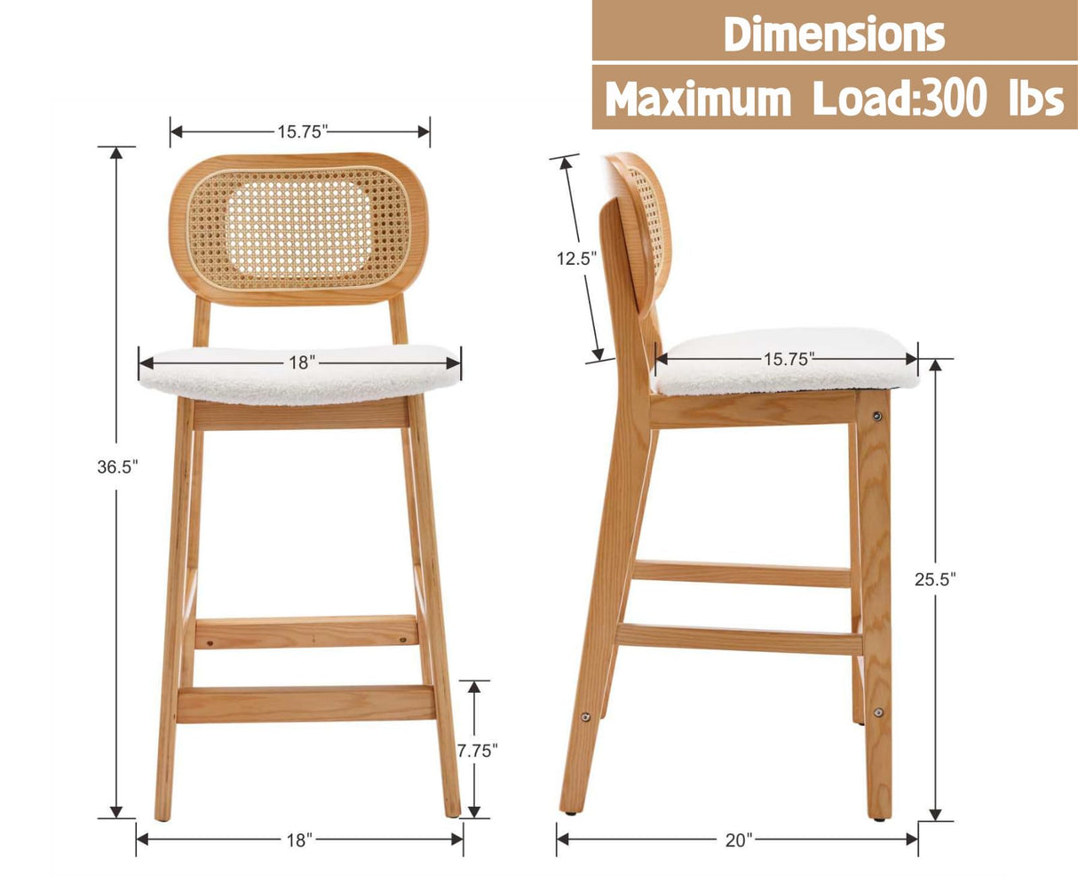 Shunzhi Rattan Counter Height Bar Stools Set of 4 Wood Farmhouse Barstools with Cane Back Boho Sherpa Kitchen Island Chairs Upholstered Bar Chairs for Pub/Home Bar, 26Inch, Cream Shunzhi