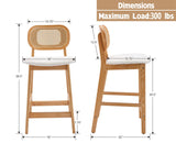 Shunzhi Rattan Counter Height Bar Stools Set of 4 Wood Farmhouse Barstools with Cane Back Boho Sherpa Kitchen Island Chairs Upholstered Bar Chairs for Pub/Home Bar, 26Inch, Cream Shunzhi