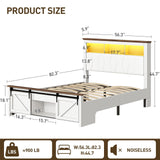 Farmhouse Full Size Bed Frame with Sliding Barn Door and Storage Bookcase, PU Leather Headboard with Charging Station and LED Light, Arc-Shaped Slats, No Box Spring Needed, No Noise, White and Walnut RALGEND