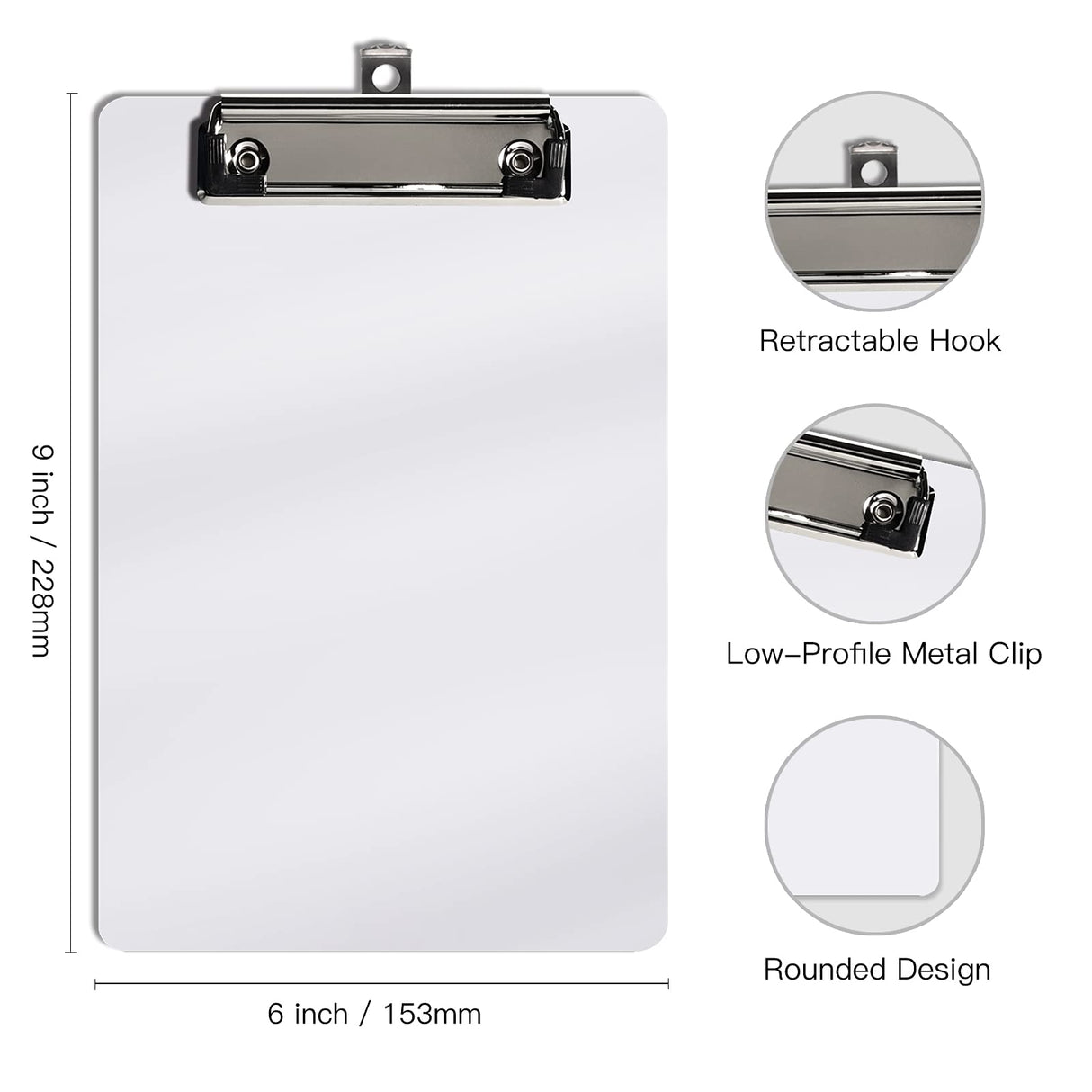 Hongri Plastic Clipboards Set of 6, White Small Clipboard Standard A5 Size Memo Clipboards for Students, Kid, Women, Office, Home, Low Profile Clip, Mini Clipboard Size 6" x 9", White Hongri