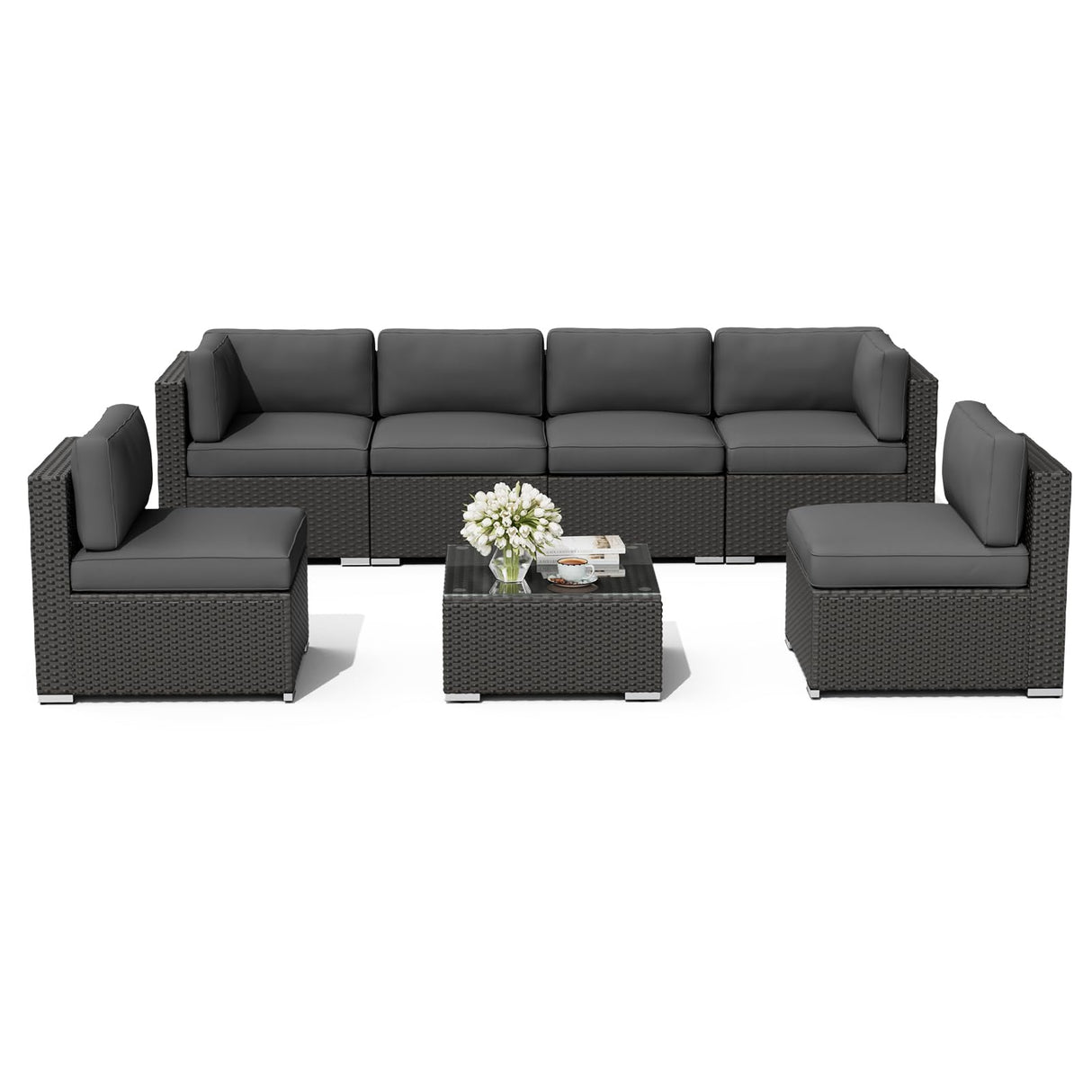 Oakcloud 7-Piece Outdoor Black Rattan Wicker Sectional Conversation Sets Patio Furniture Sofa Set with Cushions and Glass Top Table(Grey) Oakcloud