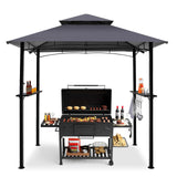8x5 Grill Gazebo, Outdoor BBQ Grill Patio Canopy with 2 Handy Shelves & LED Lights, Double Roof Barbecue Gazebo Canopy (Gray) HOWSVN