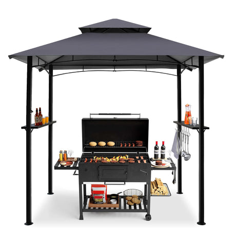 8x5 Grill Gazebo, Outdoor BBQ Grill Patio Canopy with 2 Handy Shelves & LED Lights, Double Roof Barbecue Gazebo Canopy (Gray) HOWSVN