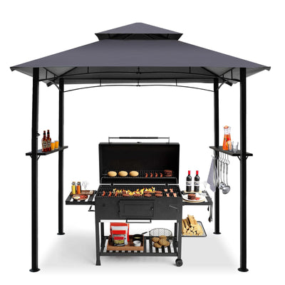 8x5 Grill Gazebo, Outdoor BBQ Grill Patio Canopy with 2 Handy Shelves & LED Lights, Double Roof Barbecue Gazebo Canopy (Gray)