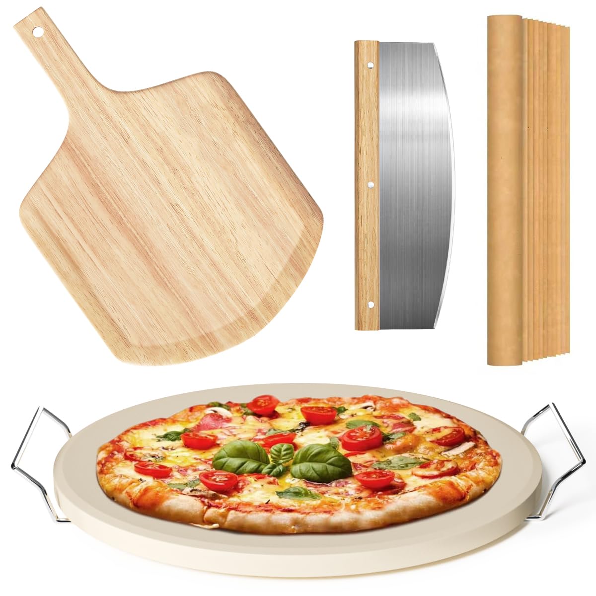 5 PCS Round Pizza Stone Set, 13" Pizza Stone for Oven and Grill with Pizza Peel(OAK),Serving Rack, Pizza Cutter & 10pcs Cooking Paper for Free, Baking Stone for Pizza, Bread Gyreuni
