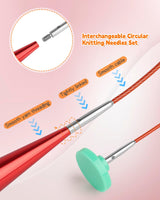 Interchangeable Knitting Needle Set with Circular Cable for Crafters, 13 Circular Knitting Needles with 4 Cable, 3-10 mm Aluminum Knitting Needles for Beginner, DIY Crafts, Red Needle Set Aeelike