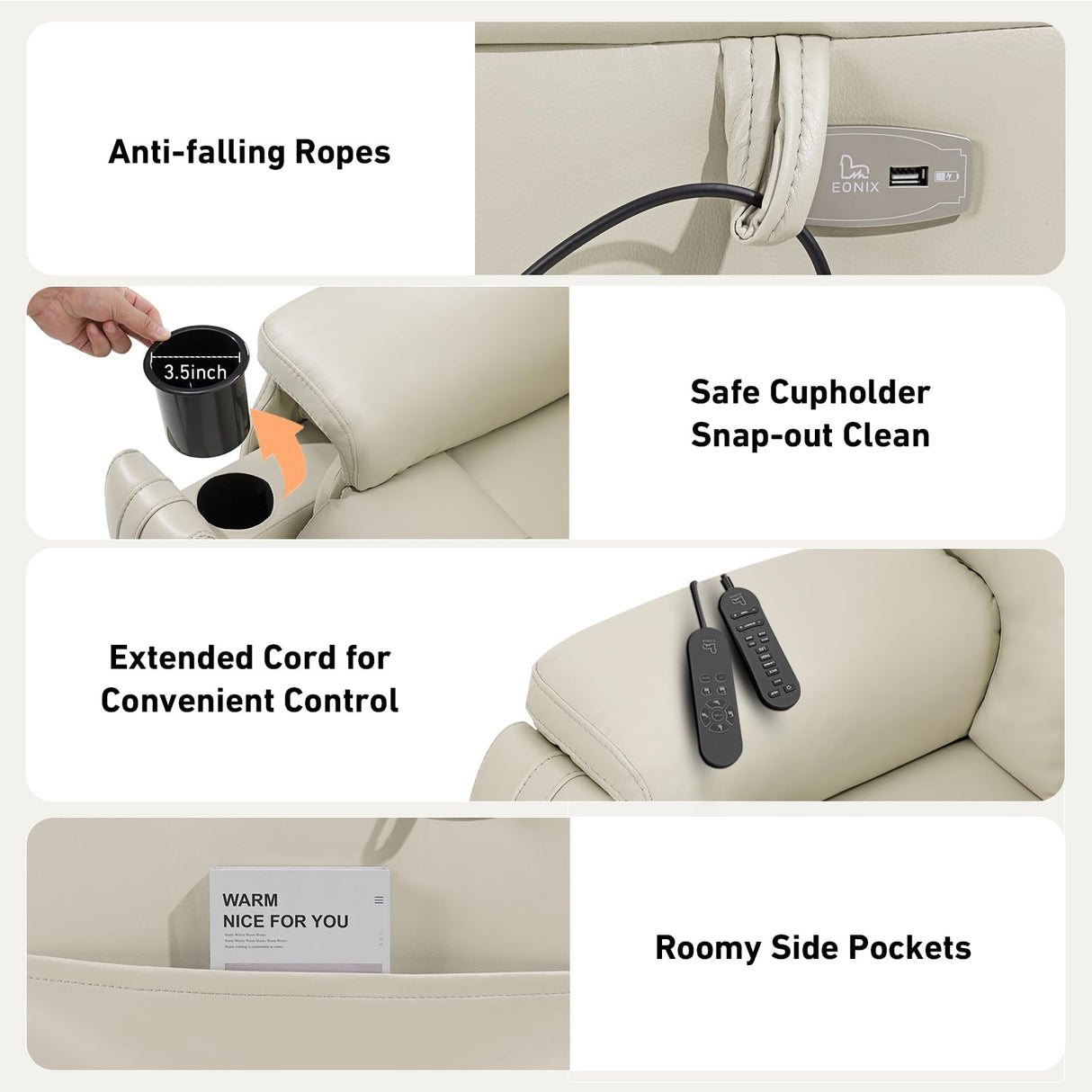 EONIX Triple Motor Lay Flat Power Lift Recliner Chair for Elderly with Adjustable Headrest, 400lbs Electirc Lift Chair for Living Room, Lumbar Pillow, Extended Footrest, Cream White EONIX