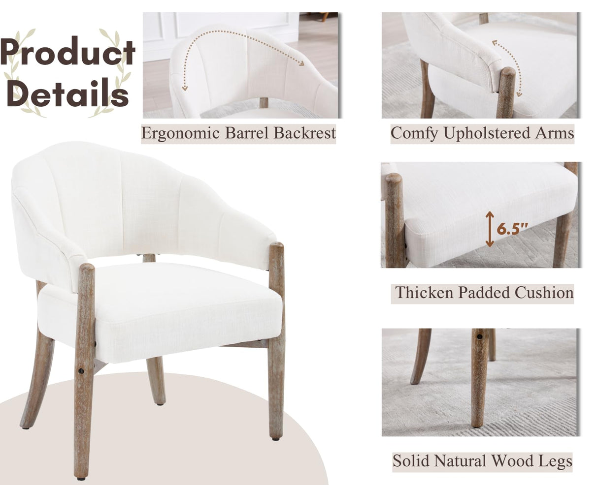 CIMOTA White Accent Chair, Farmhouse Fabric Barrel Chair Linen Upholstered Armchair with Wood Legs, 21.5" Wide Comfy Reading Chair Side Sitting Chair for Living Room/Bedroom/Makeup CIMOTA