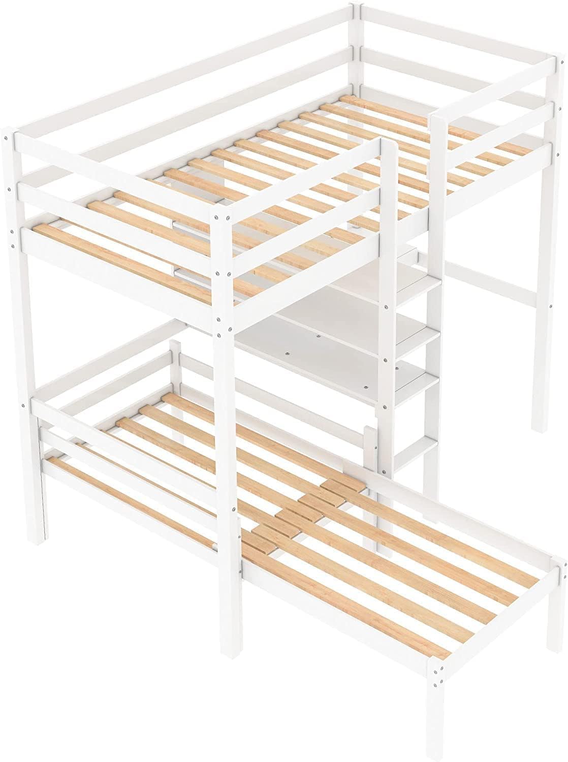 MERITLINE Twin Loft Bed with Versatile Desk and Bookshelf in White - WoodArtSupply