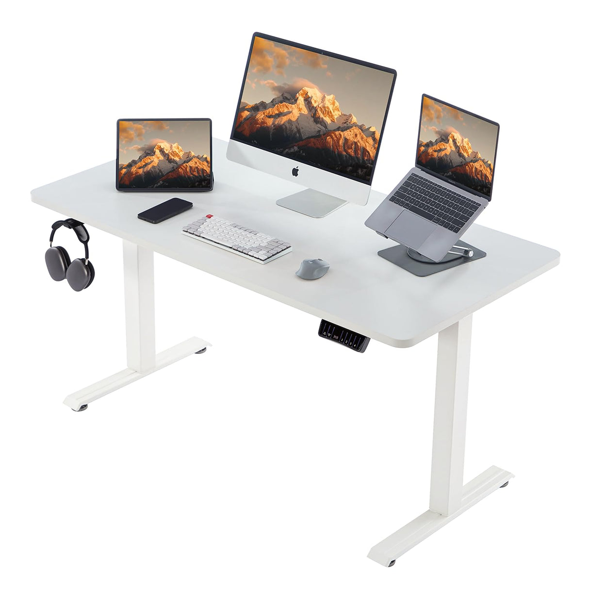 Deroavixe Electric Standing Desk, Height Adjustable Desk with 4 Memory Settings, 55 x 28 Inches, Home Office Workstation (White Desktop + White Frame) Deroavixe