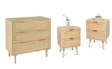 HOPUBUY 3 Drawer Dresser with 2 Nightstand for Bedroom, Oak Rattan Dresser Closet Dressers Chest of Drawers, Light Wood Dresser 3 Drawer Storage Chest for Bedroom, Hallway, Living Room HOPUBUY
