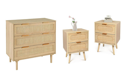 HOPUBUY 3 Drawer Dresser with 2 Nightstand for Bedroom, Oak Rattan Dresser Closet Dressers Chest of Drawers, Light Wood Dresser 3 Drawer Storage Chest for Bedroom, Hallway, Living Room