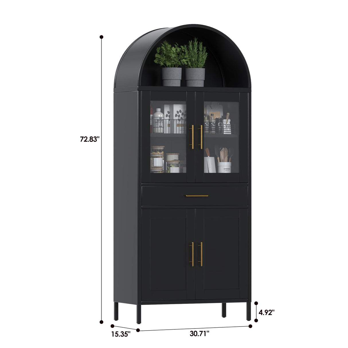 GangMei 73'' Tall Arched Cabinet, Arched Kitchen Pantry Storage Cabinet with Doors/Shelves/Drawers, Modern Arched Bookcase Display Cabinet for Home Office Bar Living Room (Black) GangMei