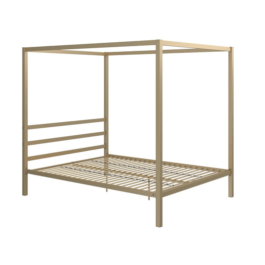 DHP Modern Metal Canopy Platform Bed with Minimalist Headboard and Four Poster Design, Underbed Storage Space, No Box Spring Needed, Queen, Gold