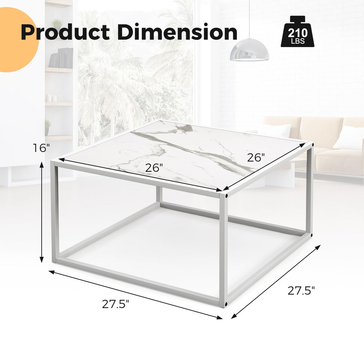 Giantex Square Coffee Table with Faux Marble Tabletop & Steel Frame, Center Cocktail Table, Accent Living Room Furniture, Low Bedside Table, Easy Assembly (White) Giantex