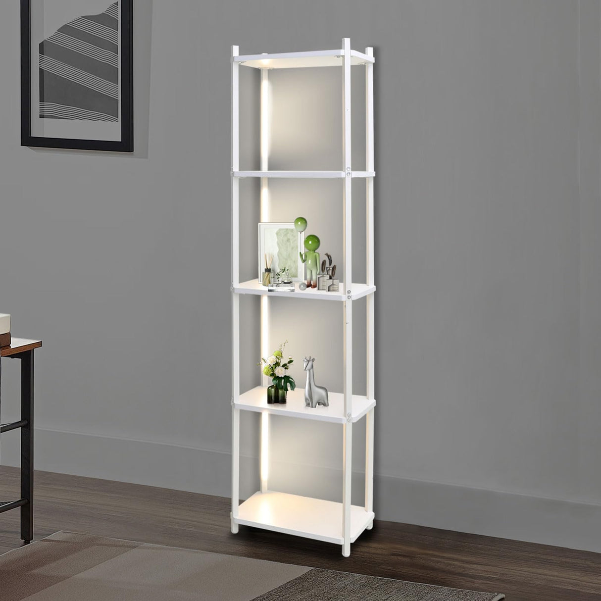5 Tier Corner Shelf with LED Light, 57.7" Tall Corner Stand Shelves Modern Home Decor Display Floor Lamps, Corner Furniture Open Bookshelf for Bedroom, Office, Living Rooms, White Bloddream